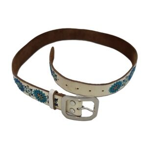 Lucky Brand Leather Belt White Embroidered Turquoise Boho Size Small